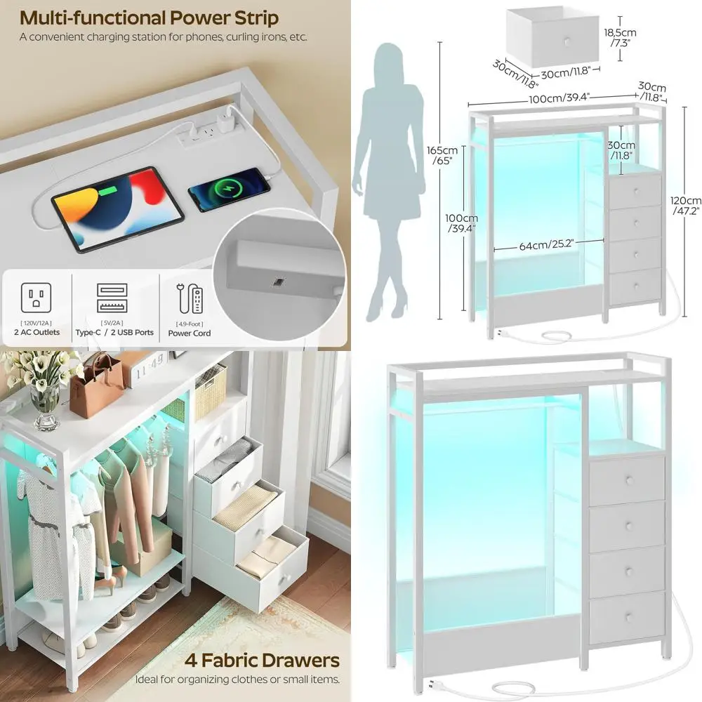 

Белый комод для спальни с вешалкой для одежды, 4-х ярусный комод с USB-зарядкой и LED-подсветкой, тумба для хранения и органайзер для гардероба