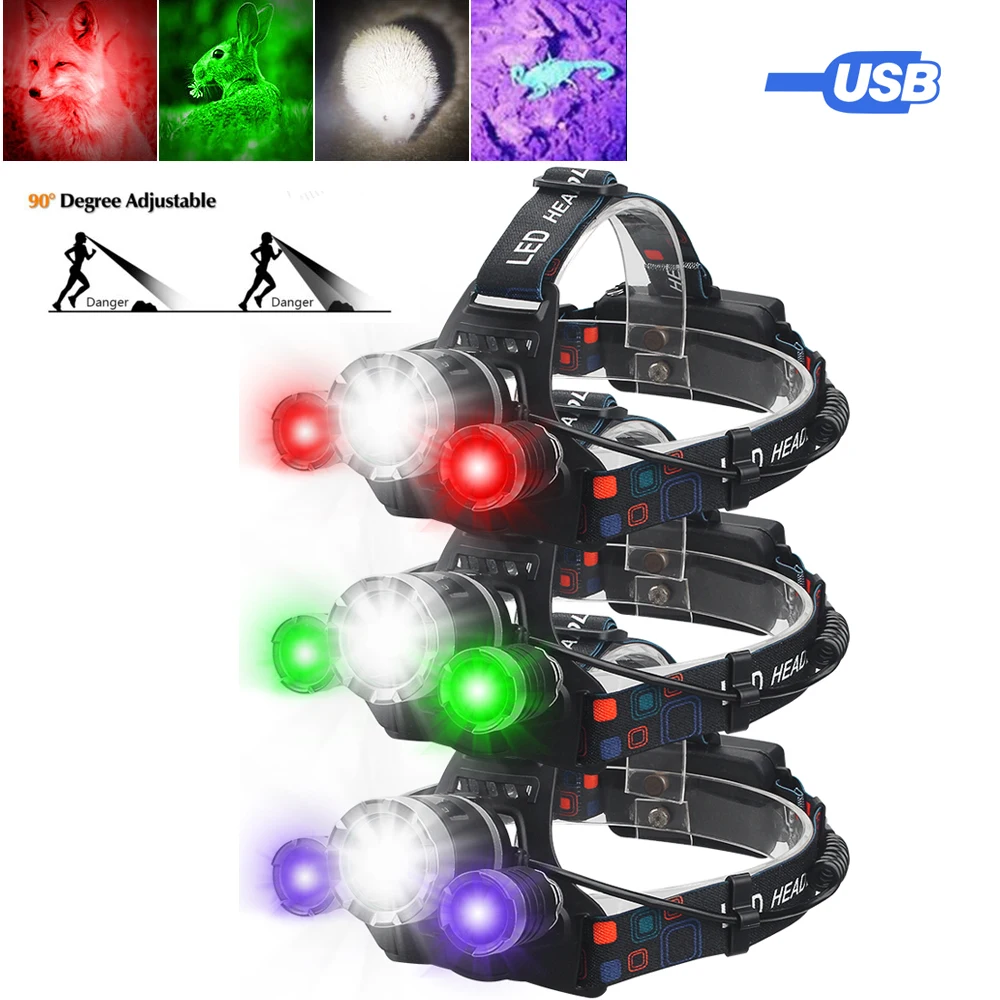 

Портативный Головной фонарь с внешним аккумулятором белого света + УФ-лампа зеленого/Красного/395нм, USB-зарядка, фонарь для охоты, уличный фонарь для кемпинга
