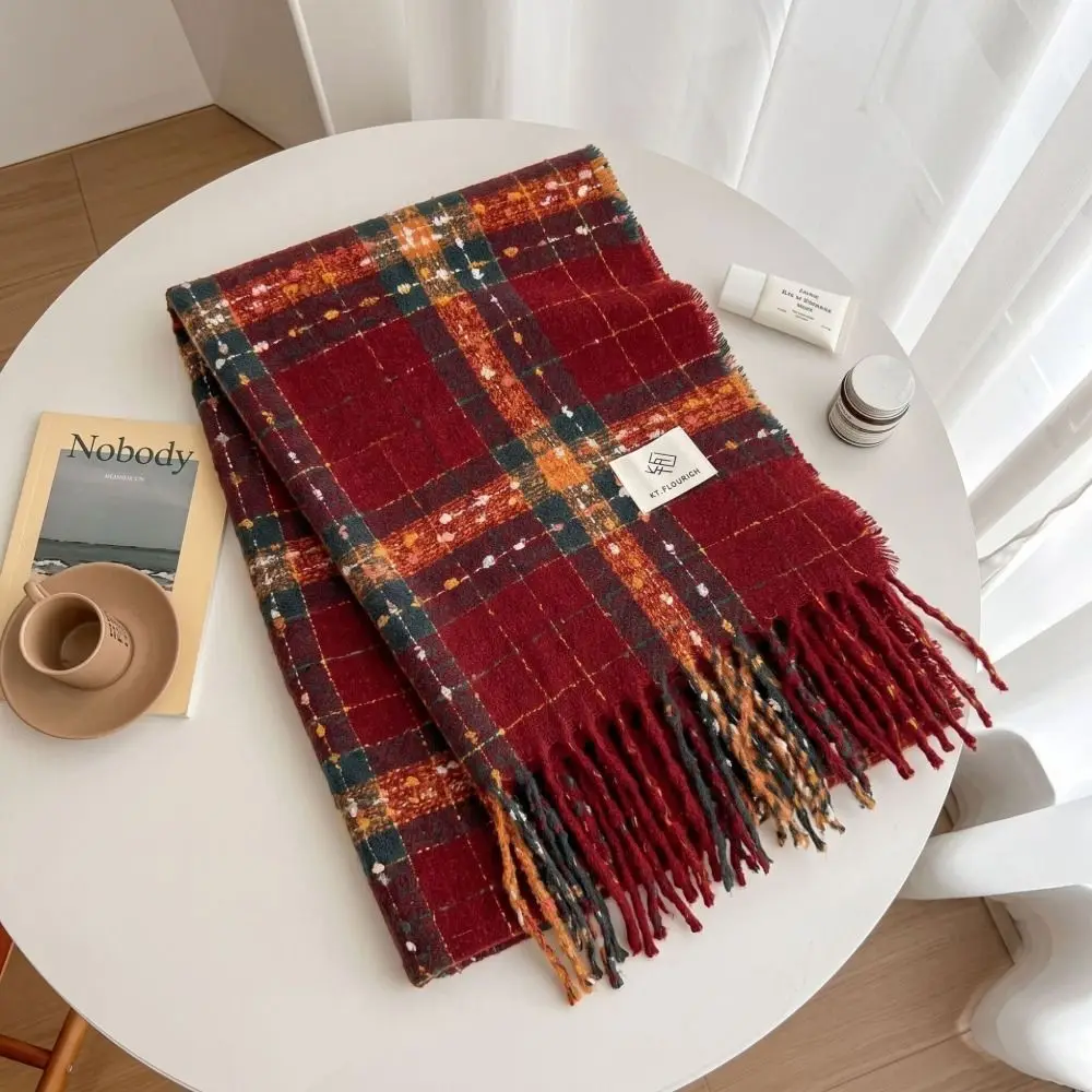 Fashionable Warm Plaid Faux Cashmere Scarf 200cm x 63cm Oversized Fall Winter Tassel Scarf Versatile Shawl Wrap For Women
