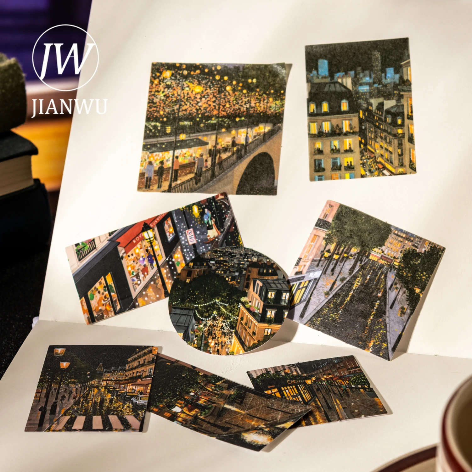 JIANWU Starlight Illuminate Life Series Vintage Night Street Landscape Material Collage Sticker Creative DIY Journal Stationery