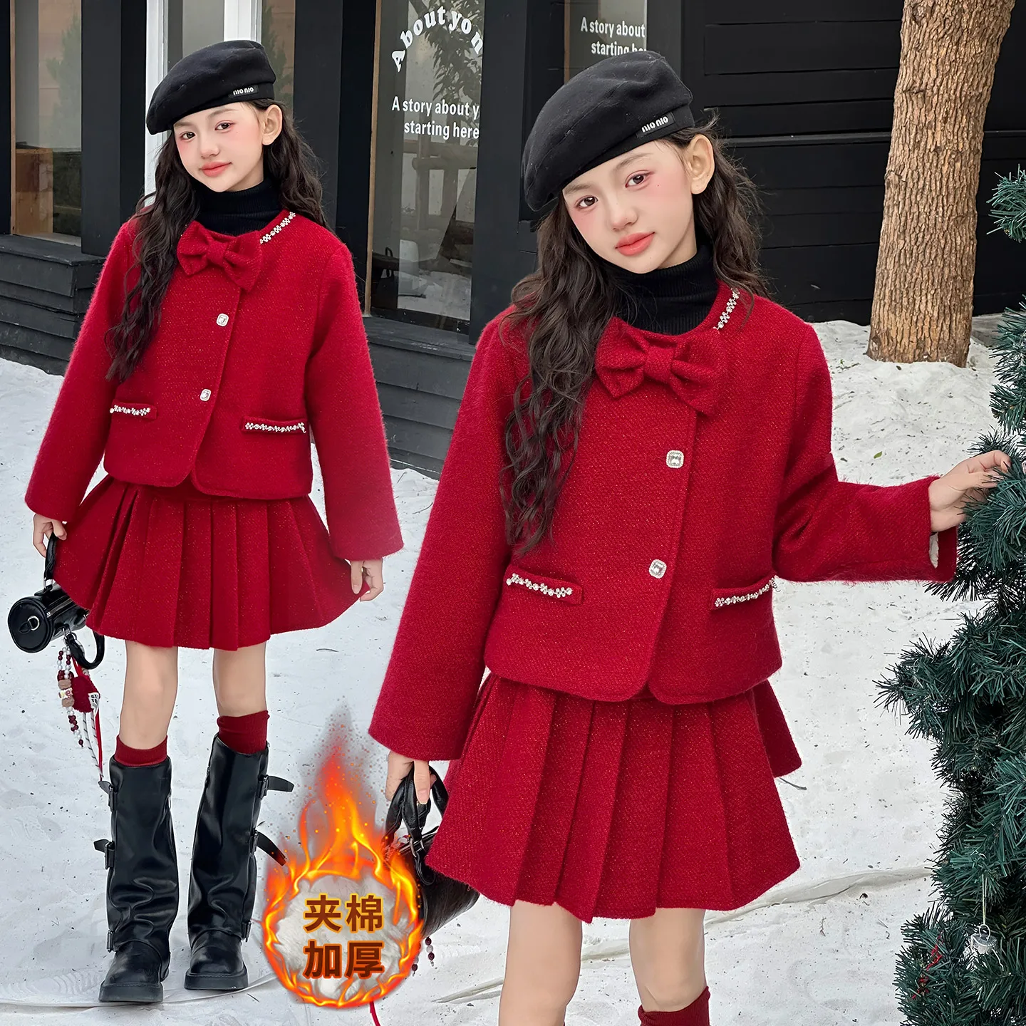 

Шикарный французский дизайн, юбки для девочек-подростков, костюм с красным бантом, бархатное пальто + плиссированная юбка, комплект новогодной одежды из 2 предметов для маленьких детей, детская одежда