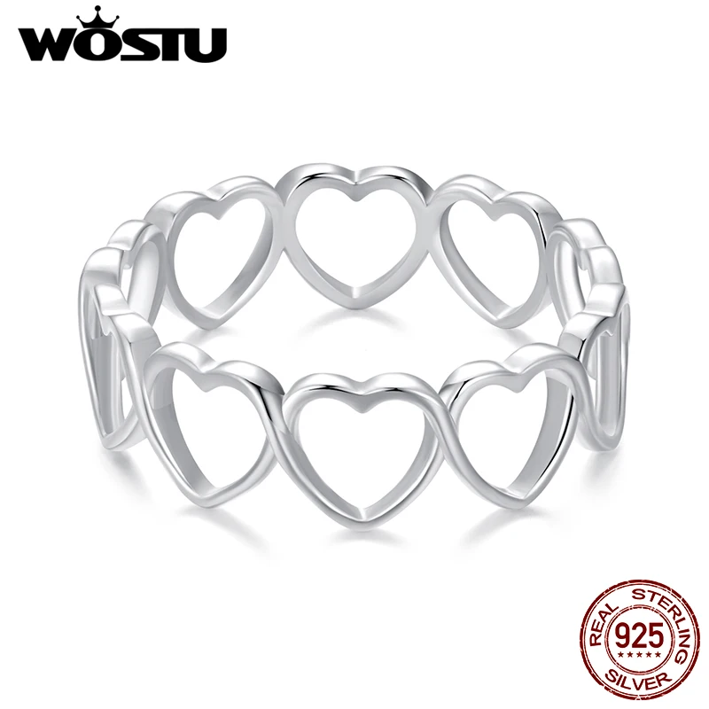 WOSTU 925 Sterling Silver Hollow Heart to Heart Ring For Women Ladies Loop Design Heart-Shaped Promise Rings Jewelry Party Swee