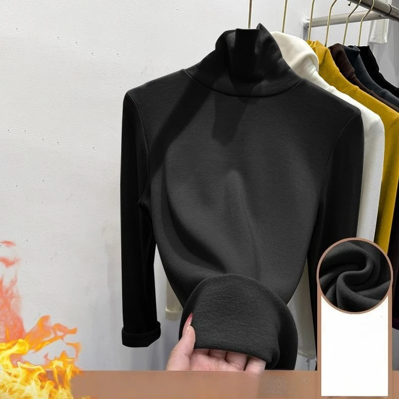 Winter-Damen-Top mit Stehkragen und dicker Samtbasis, langärmeliges T-Shirt für Frühling und Herbst, lässige Slim-Fit-High-Neck-warme Jacke