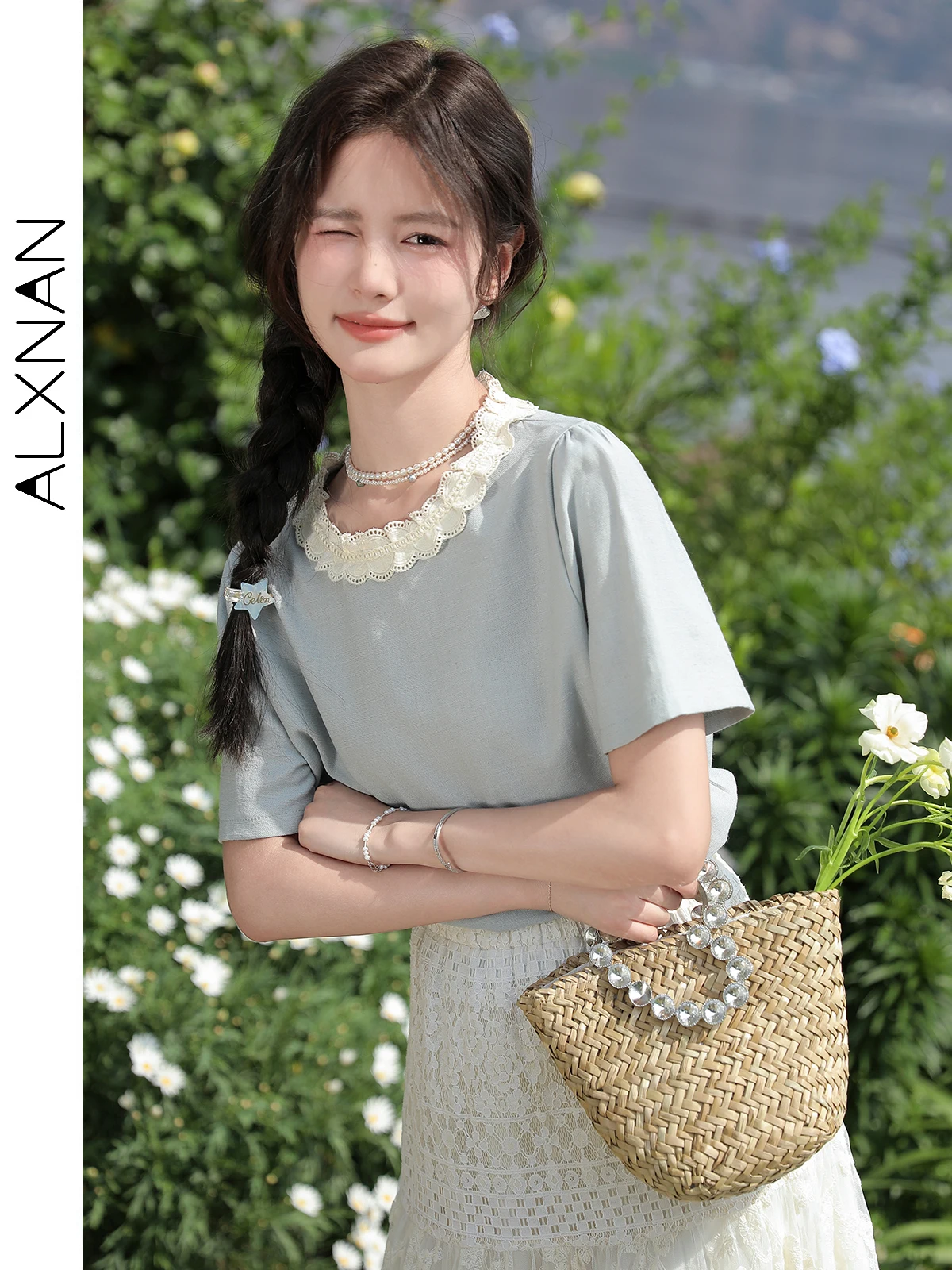 ALXNAN Dames T-shirt Elegant Zoet Casual Loose-fit Tees 2025, Zomer Kantoor Dame Ronde Hals Korte Mouw Tops L53515 L36512SY