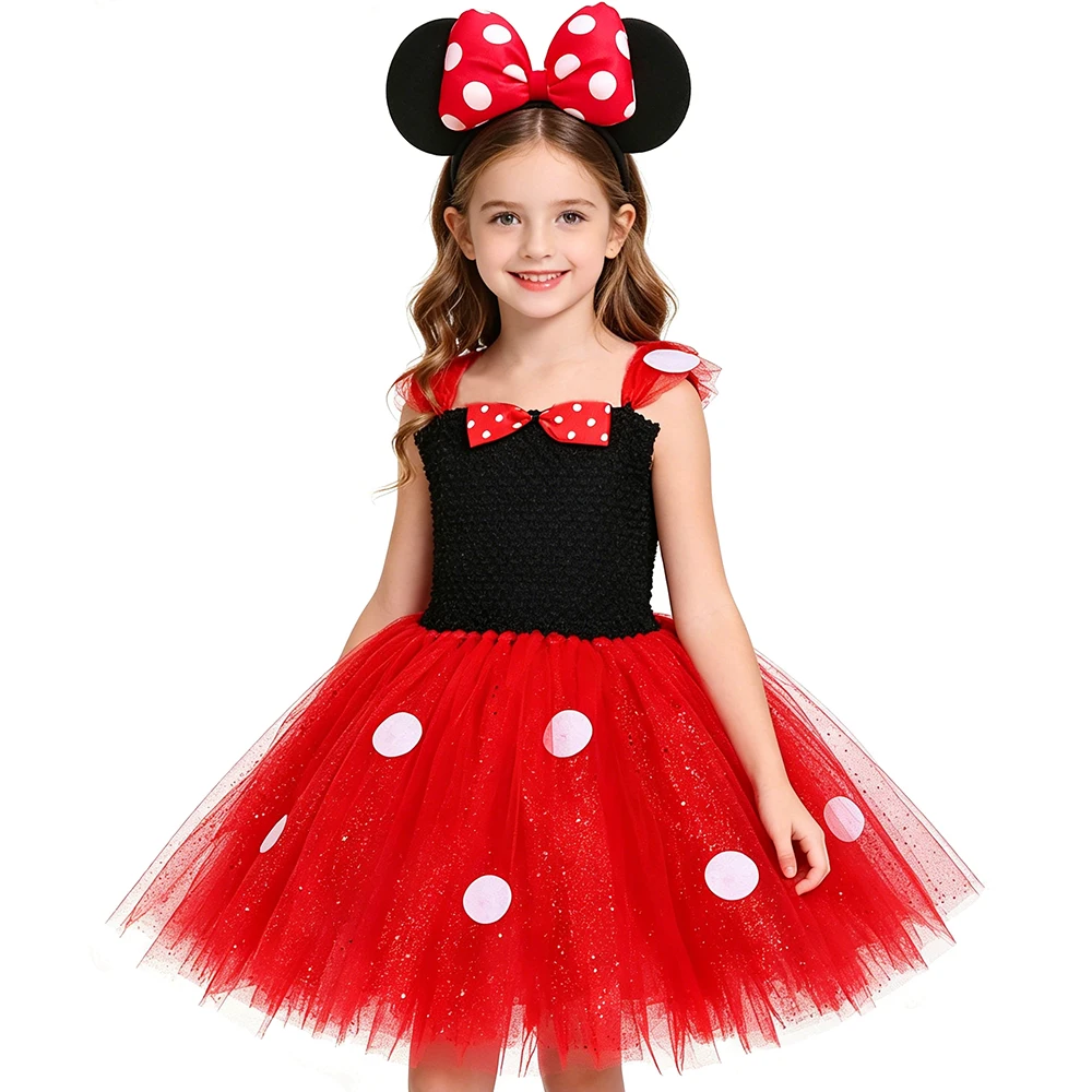 Vestido de tutú rojo de Minnie para niñas, disfraz de princesa de tul con lunares y purpurina, vestido de fiesta de cumpleaños de Halloween para niños pequeños