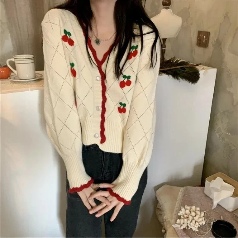 Cherry Cardigan Cute Applique Long Sleeve Button Front Sweater Jacket for Women Autumn Winter Vintage Cottagecore Outfit