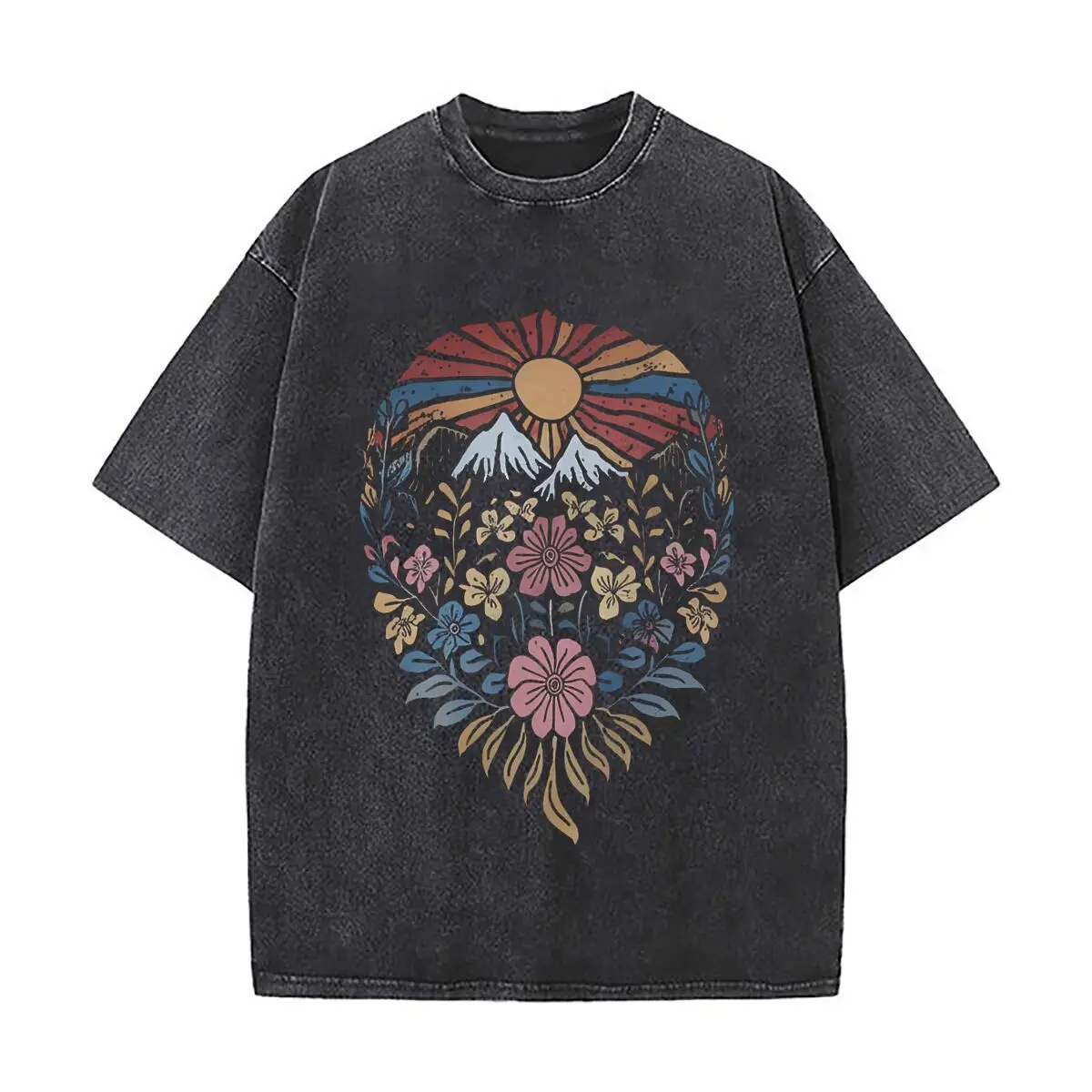 Vintage Floral Mountain Sun Boho Distressed Faded Baggy Streetwear Tops for Park Hangouts