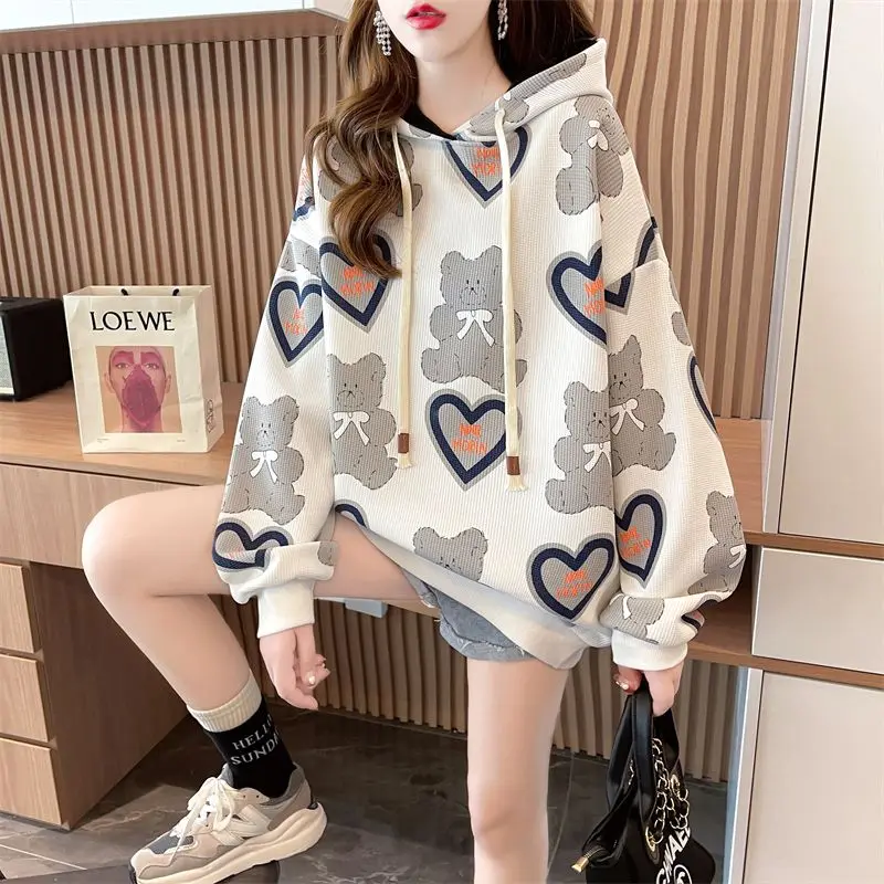 Autumn Winter Casual Korean Cartoon Printed Hoodies 2023 Women\'s Clothing Fashion All-match Long Sleeve Sweatshirts for Female