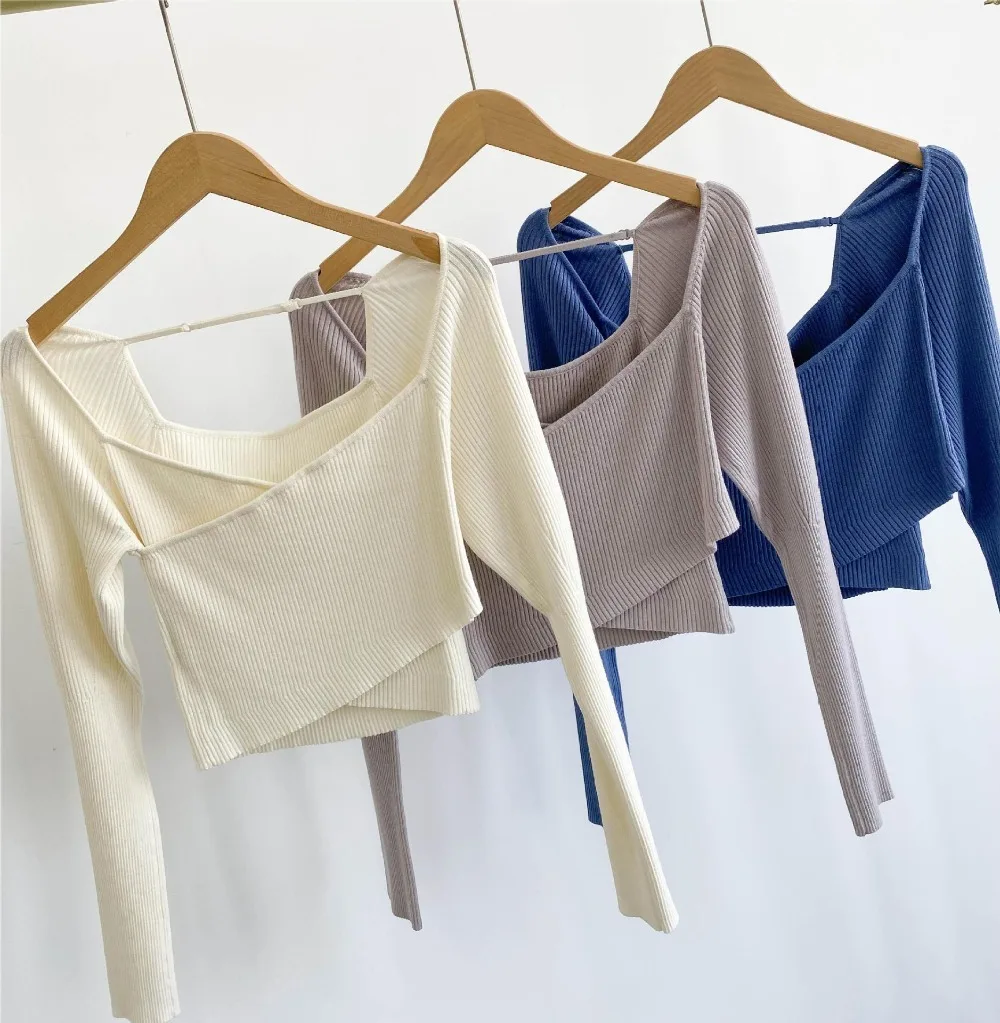 Kuzuwata Cross V Neck Long Sleeve Jumpers Fashion Solid All-match Cropped Knitted Top Japan Sweet Pullover Bottomed Sweaters