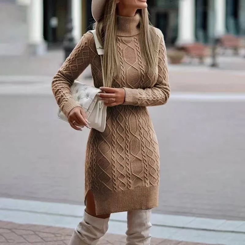 2024 Herfst Winter Nieuwe Dames Gebreide Heuprok Hoge Hals Warme En Verdikte Elegante Gebreide Trui Jurk Met Lange Mouwen