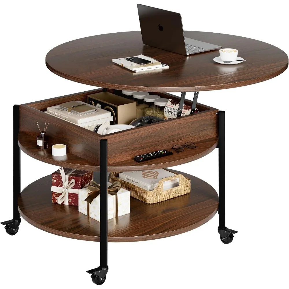 Lift Top Coffee Table with Wheels, Circle Center Table with Storage and Compartment, 26.77’’ Rolling Coffee Table，Espresso