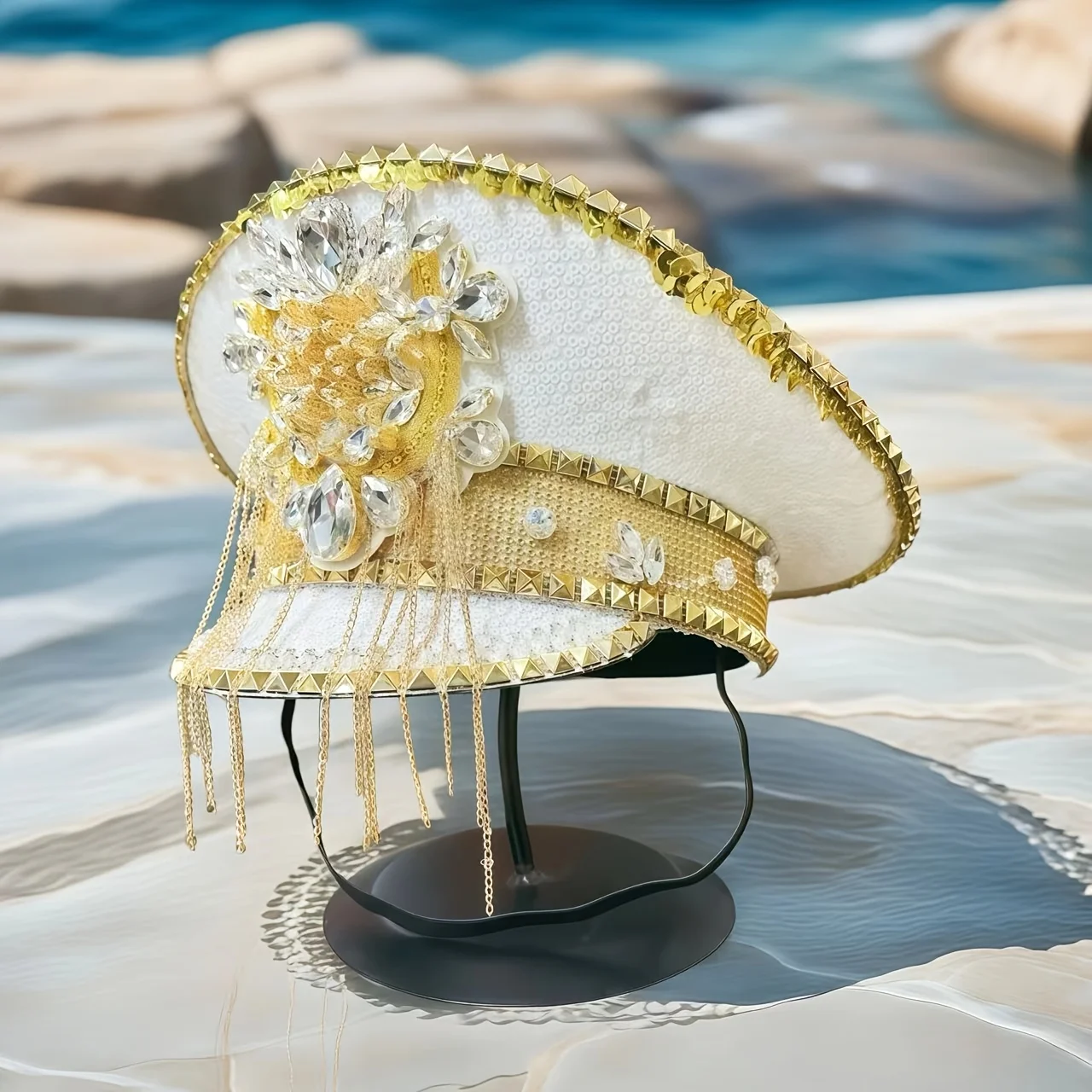 قبعة زي مهرجان الموسيقى HongLuan، قبعات الكابتن حجر الراين للمرأة الكرنفال، إكسسوارات نسائية تنكرية