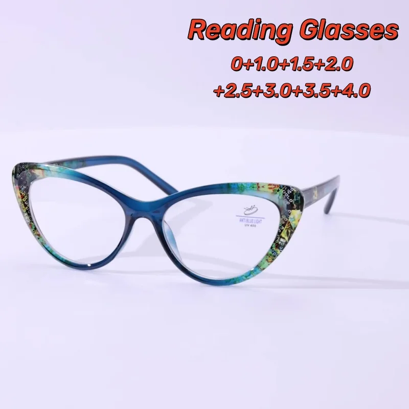 

Cat Eye Large Frame Fashion Floral Print Pattern Reading Glasses Personality HD Anti-Blue Light Women Men Eyeglasses 0 TO +4.0