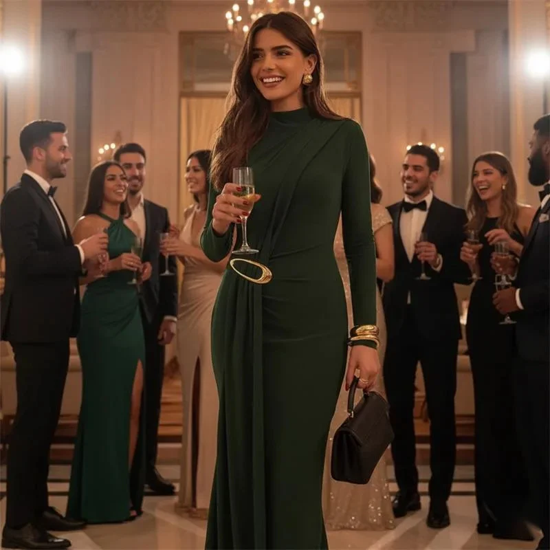 

Autumn Winter Women’s Elegant Belted Dress With Draped Detail Long Sleeves Solid Color Slim Fit Dress For Party Special Occasion