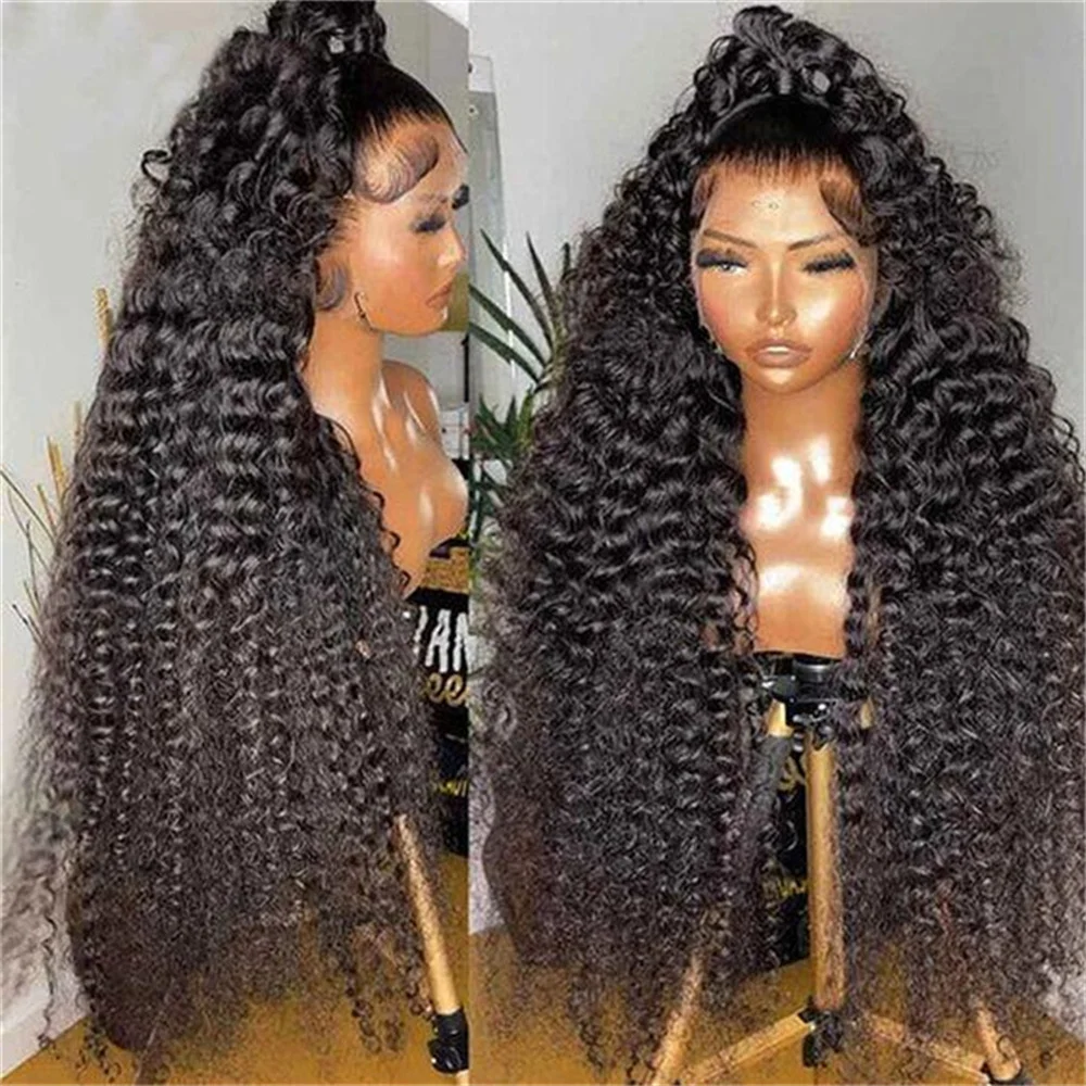 Natural preto kinky encaracolado longo macio preplucked 180 densidade perucas dianteiras do laço para mulheres com cabelo do bebê sem cola boa textura