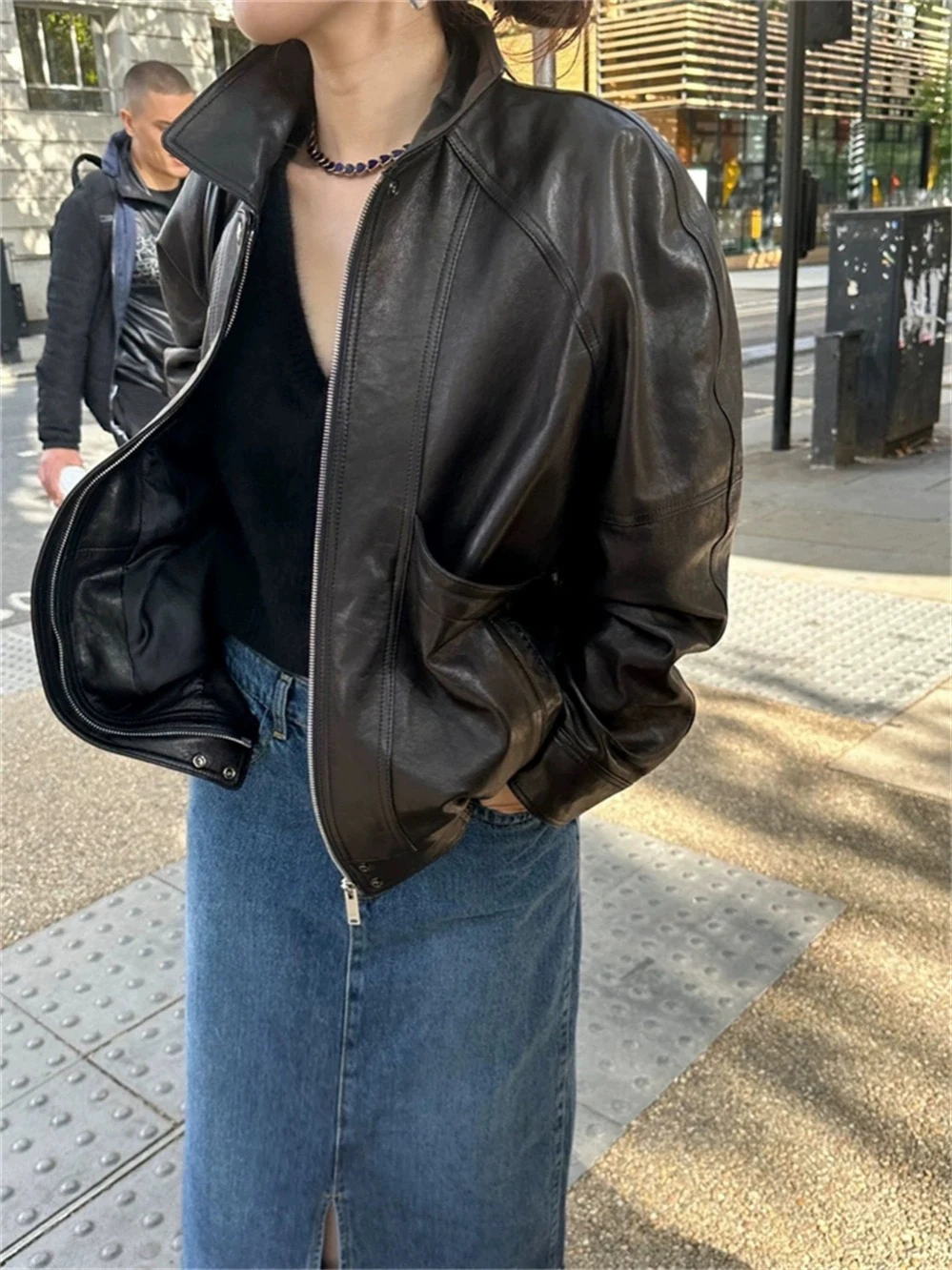 

Кожаное пальто Candy Miss Ribbonbit Blogger Mone в винтажном стиле с отложным воротником, цветное, женское, с застежкой-молнией