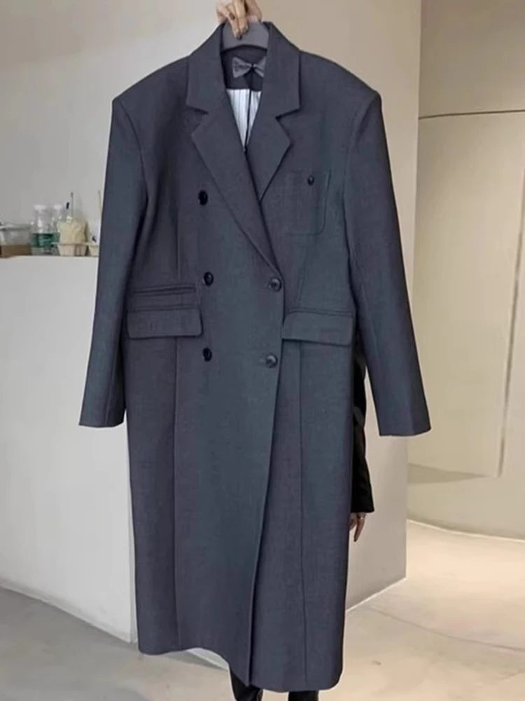 LANMREM Designer Long Blazer Women Notched Collar Double Breasted Loose Size Solid Color Fashion Coat 2024 Autumn New 2DA5307