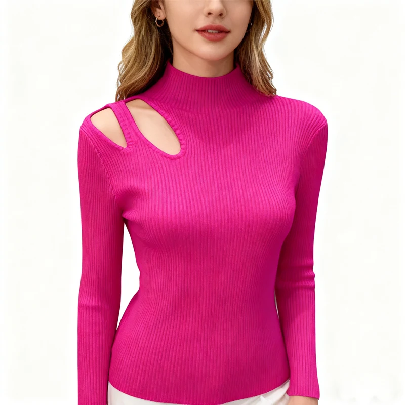 

Y2k Hollow Out Bottom Sweater Autumn Winter Solid Color Slim Fit Knitted Top Casual Half High Neck Long Sleeved Pullover Sweater