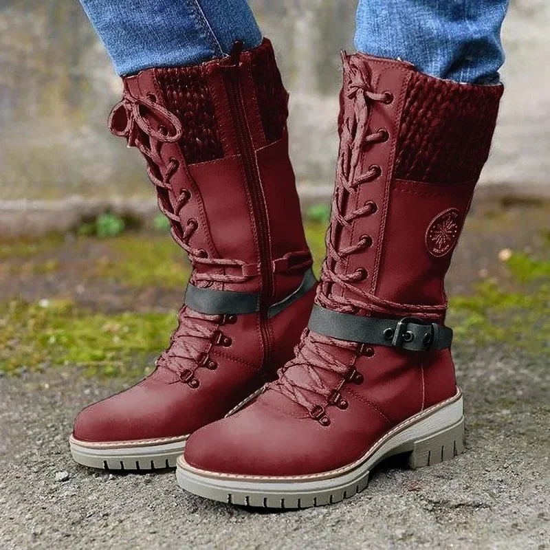 Women\'s Winter Side-pull Lace-up Knitted Mid-tube Boots Low-heeled Round-toe Boots High-quality Winter Warm Boots Botas De Mujer