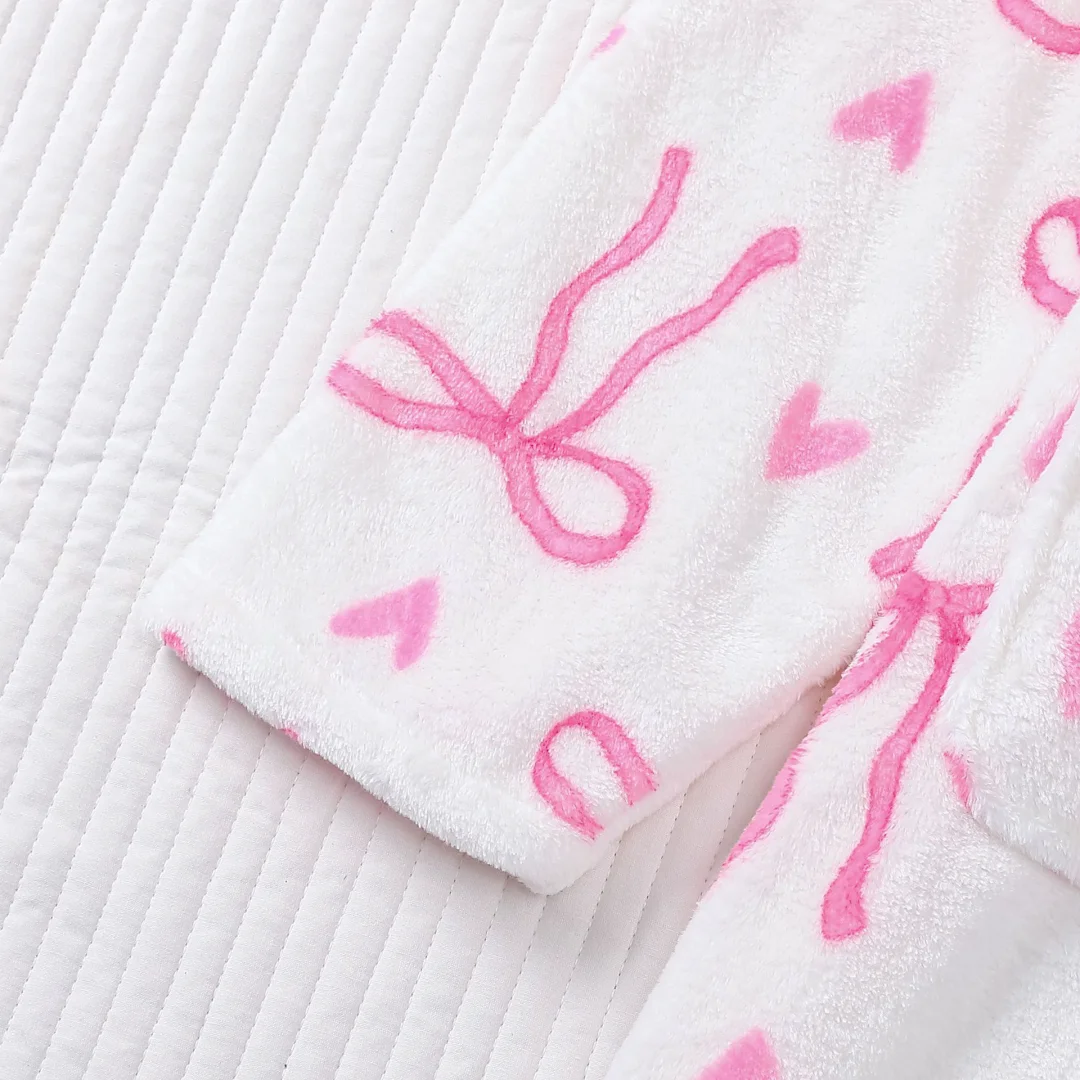 بيجامة نسائية بطابع عيد الميلاد بفيونكة وردية مطبوعة من الفلانيل ثوب نوم مخملي ثوب نوم ملابس منزلية ملابس نوم قماش شتاء دافئ