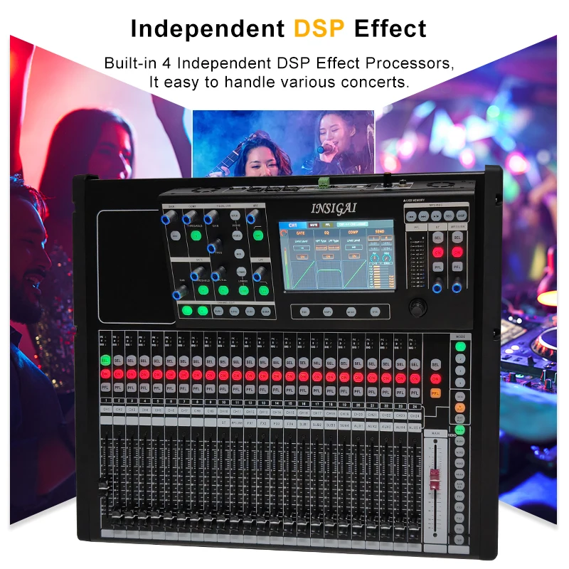 Novo mixer digital de 24 canais, profissional, bluetooth, controlador de gravação ao vivo completo, console de placa de som, misturador digital de áudio