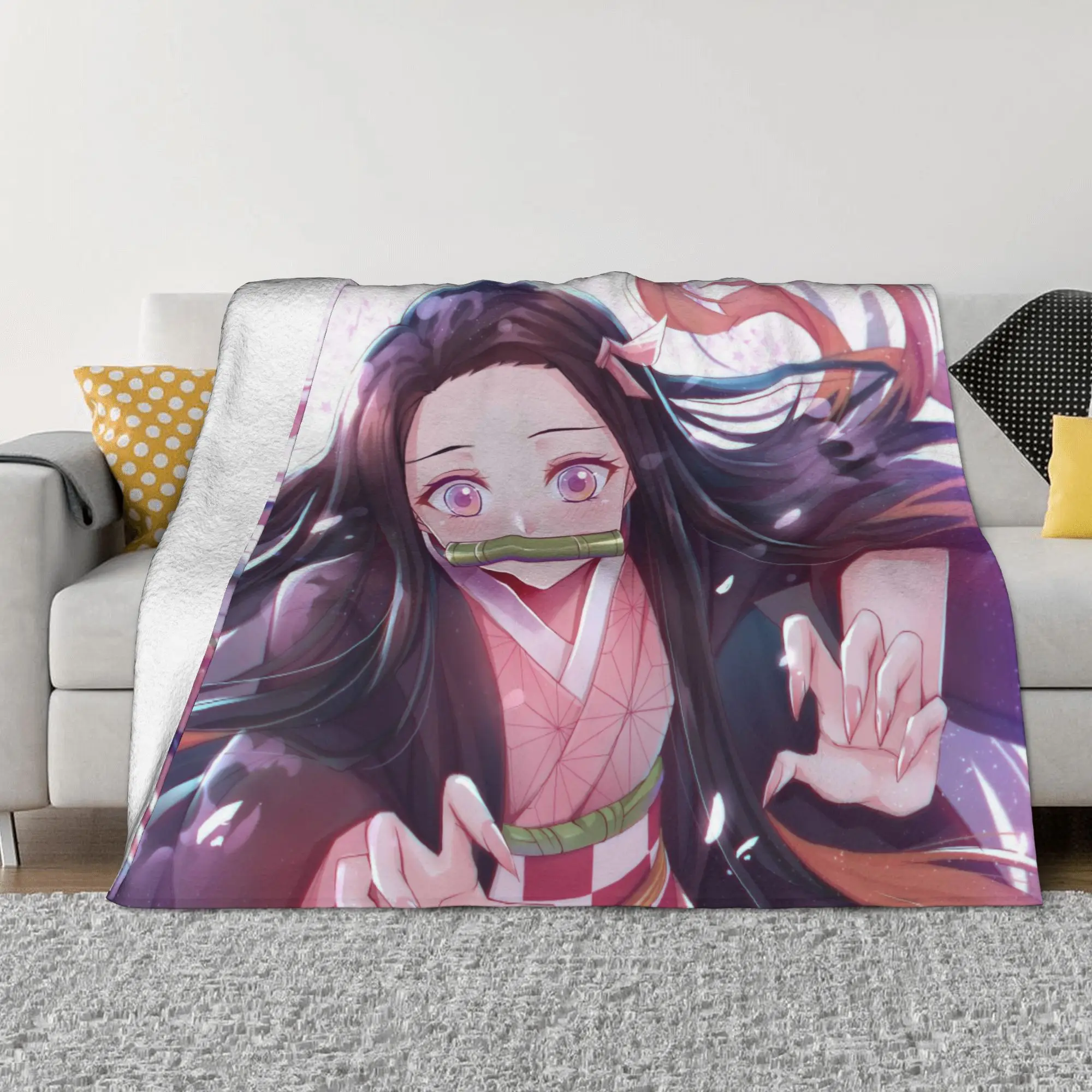 Kamado Nezuko Kimetsu No Yaiba Flannel Blankets Demon Slayer Devil's Blade Anime Throw Blankets for Home 125*100cm Rug Piece