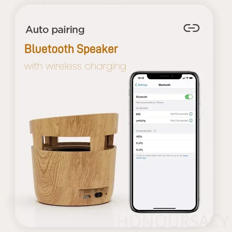 ลำโพงบลูทูธไร้สาย 10W พร้อมที่ชาร์จไร้สาย ดีไซน์ไม้ขนาดเล็กพกพาสะดวก เหมาะสำหรับวางบนโต๊ะหรือใช้งานกลางแจ้ง เสียงเบสหนักแน่น
