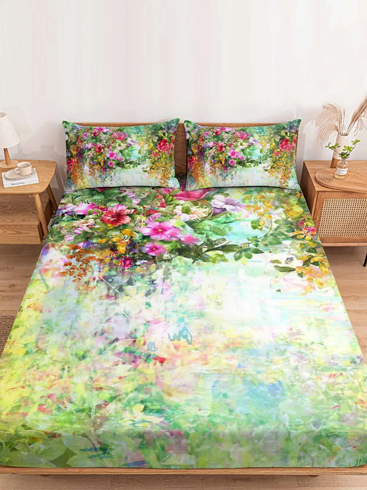 Flower Watercolor Vine Fitted Bed Sheet Cover Elastic Band Anti-slip Mattress Protector for Single Double King