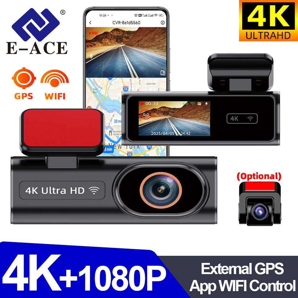 E-ACE 4K + 1080P รถ DVR WIFI Extemal GPS สนับสนุนด้านหน้า 4K ตัวเลือก 1080P ด้านหลัง Dual เลนส์ WDR Night Vision สีดํากล่อง G-Sensor