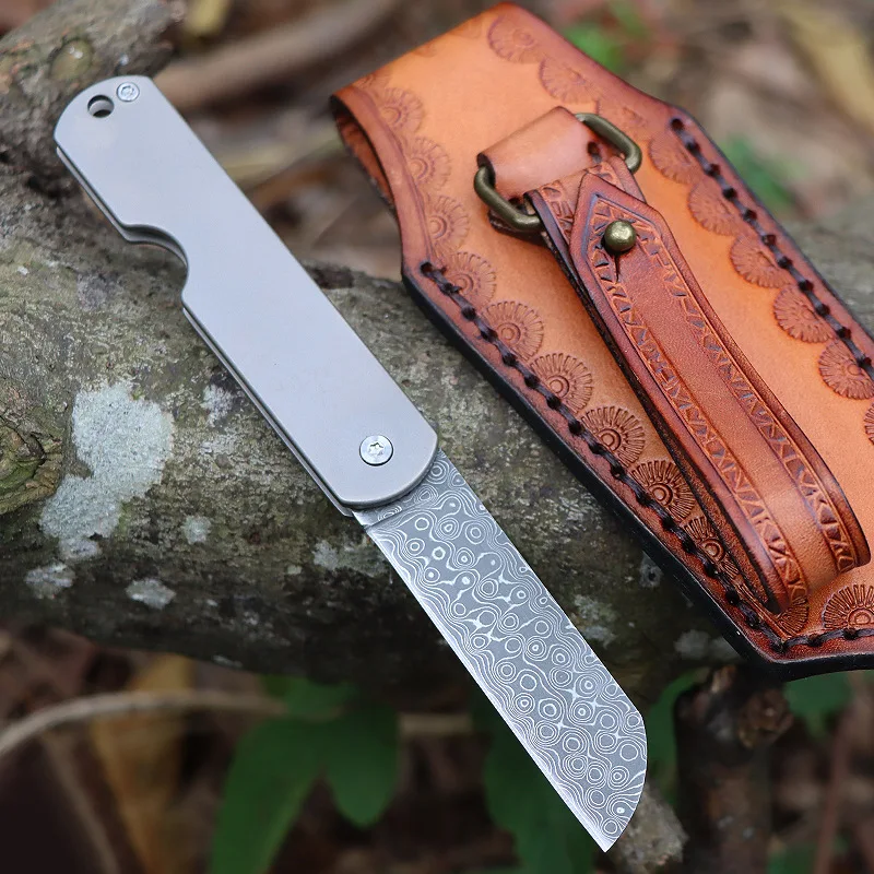 Outdoor Damascus Camping Knife a Folding Knife Fruit Knife Peeler Lockless Titanium Alloy Knife Gift Knife with Leather Case