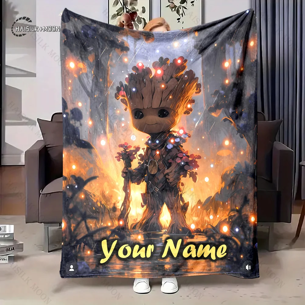 Custom Name Personalized Blanket Marvel Groot Fluffy Soft Flannel Sofa Adult Blanket Office Lunch Break Blanket Kid Gift