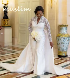 Plus Size Jumpsuit Wedding Dress With Overskirt Train V Neck African Long Sleeve Bridal Nigeria Lace Civil Bride Customized