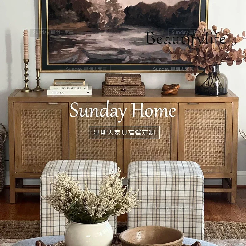 

BK European-style Rattan Dining Side Cabinet, Log Color Solid Wood Locker, Simple And Old Storage Cabinet Customization