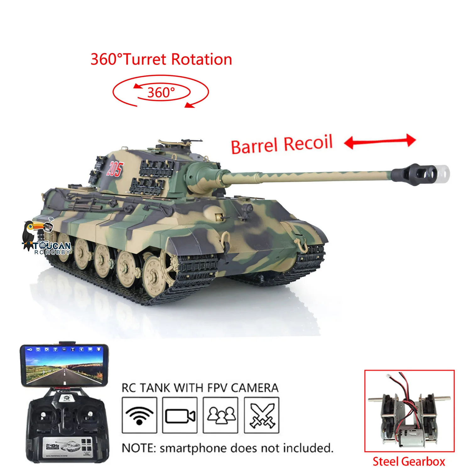 Henglong 1/16 7.0 Plastic FPV King Tiger RC Tank 3888A 360 Turret Barrel Recoil Smoke Effect Armored Adult Toy TH17522-SMT7