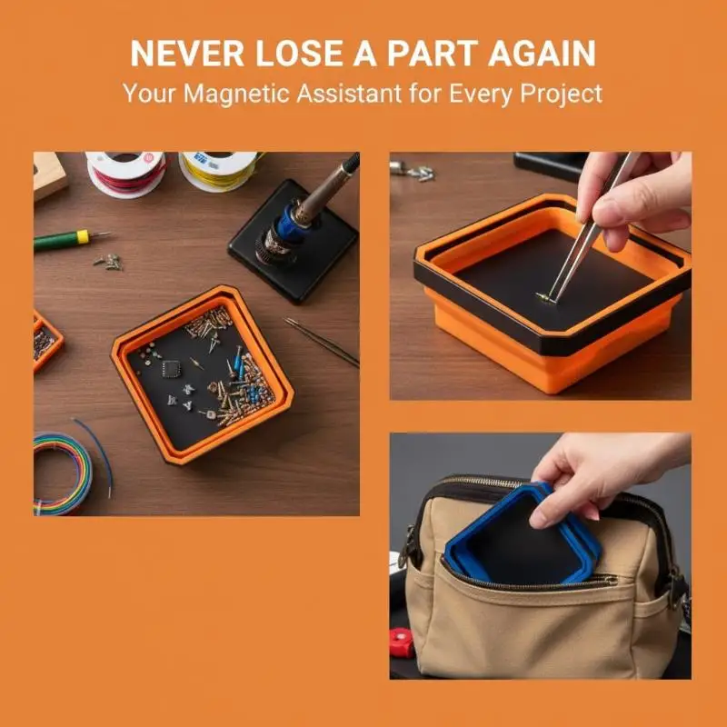 Square Silicone Foldable Magnetic Parts Tray Collapsible Storage Holder for Bolts Nuts Washers Outdoor Equipment Repair