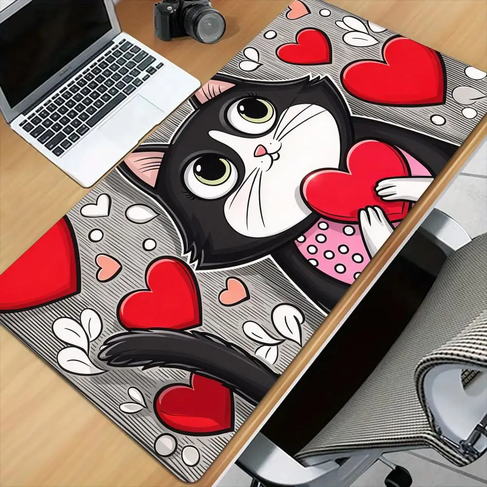Red Heart and Black Cat Mouse Pad Desk Mat Large Computer Office Carpet XXL Mousepad Gamer Gaming PC Accessories Keyboard Rug