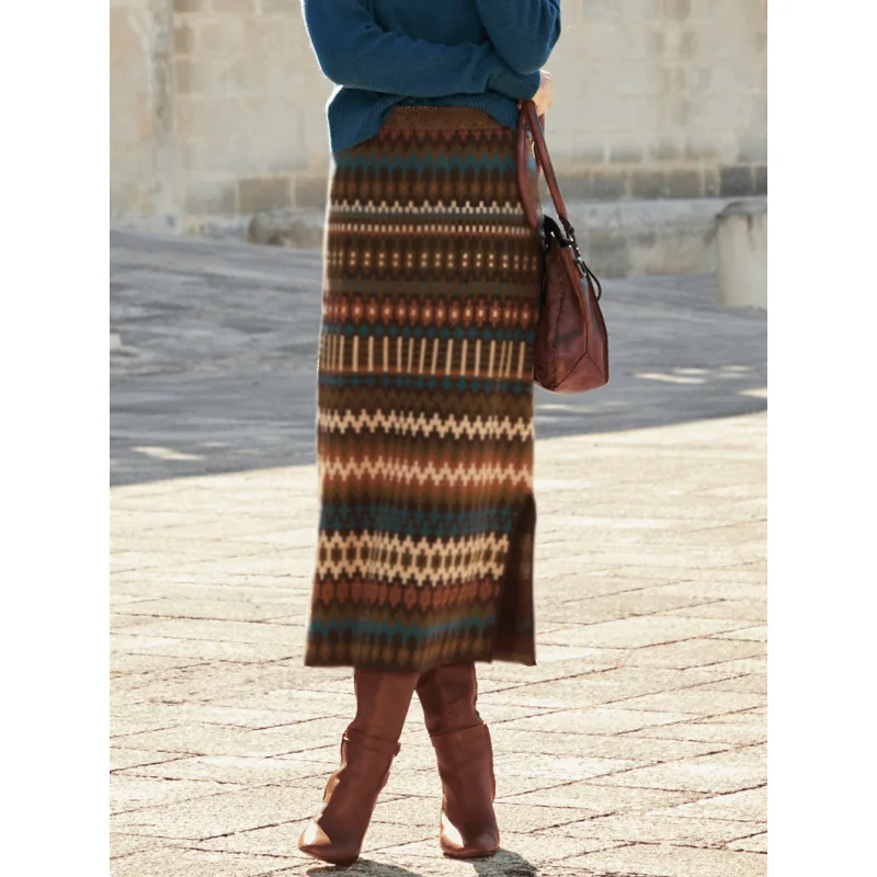 Knitted midi skirt commuting geometry autumn winter bohemian style