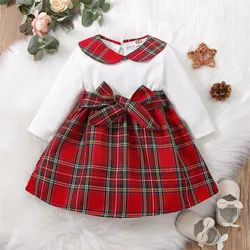 1st Birthday Dress Xmas Infant Newborn Baby Girls Patchwork Long Sleeve Bowknot Christmas Baptism Dresses for Baby Girls Length