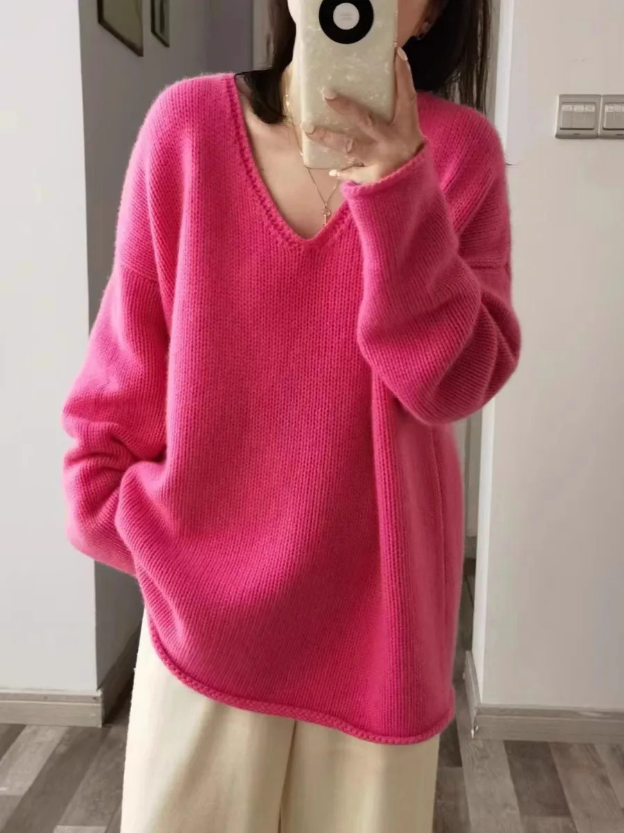 

Luxury cashmere sweater women's pink V-neck shoulder loose pure wool knitwear 24 new autumn and winter