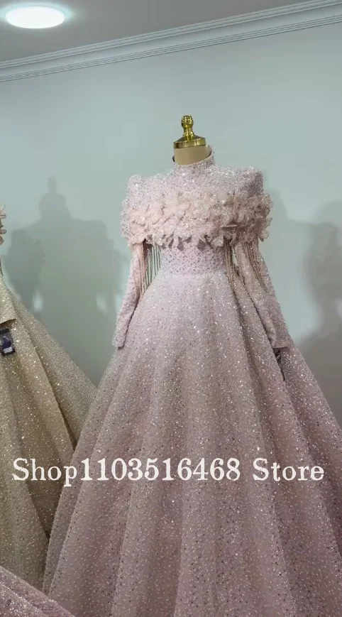 Sweet Pink Muslim Baby Wedding Dress Customized 3D Floral Sparkling Islamic Bridal Gown Engagement Dress Birthday Party Dress