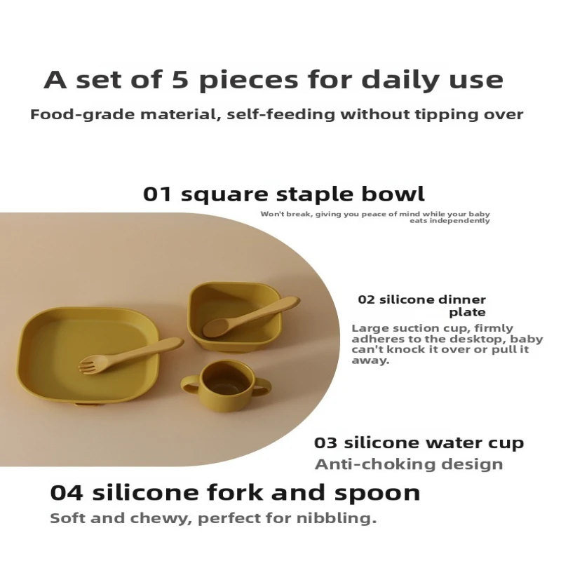 4Pcs Food Grade Silicone Kids Tableware, Unbreakable Heat Resistant Square Plate, Bowl, Cup, Spoon and Fork Set