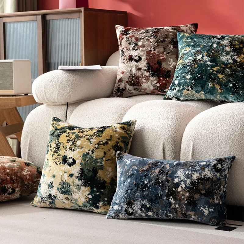 Luxury Abstract Watercolor Throw Pillow Cover Plush Velvet Jacquard Cushion Case Modern Living Room Decorative Pillow For Sofa