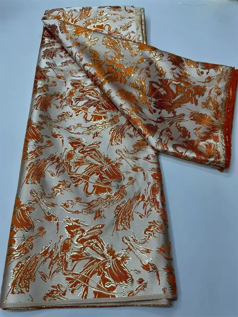 Orange African Jacquard Brocade Fabric Nigerian Floral Damask Gilding Lace Material Brocard Tissu 5Yard Dentelle Africaine CB29