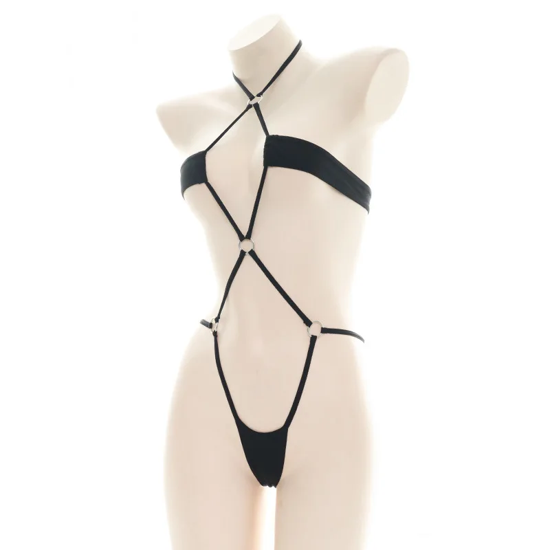 Maillot de bain une pièce noir avec anneau d\'anime, Sexy, Slim, trois points, taille basse, ajouré, sous-vêtements dos nu, Costume Cosplay pour