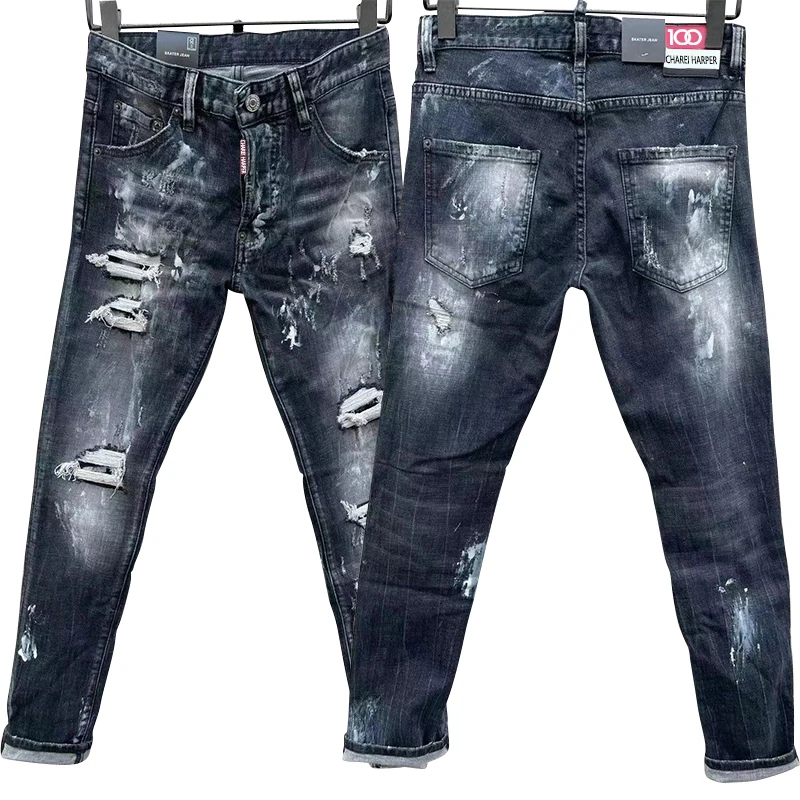 

100 charareiharper c010 men's jeans fall and winter new broken paint points men's slim ripped stretch jeans