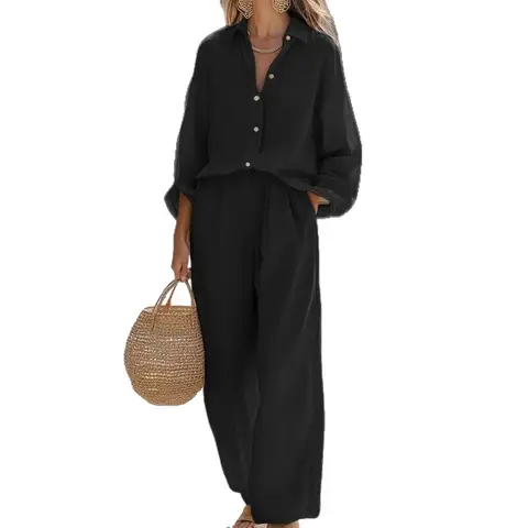 Women Solid Cotton Linen Shirt Casual Two Piece Sets Spring Autumn Turn Down Neck Long Sleeve Shirt & Wide Leg Pants Loose Set