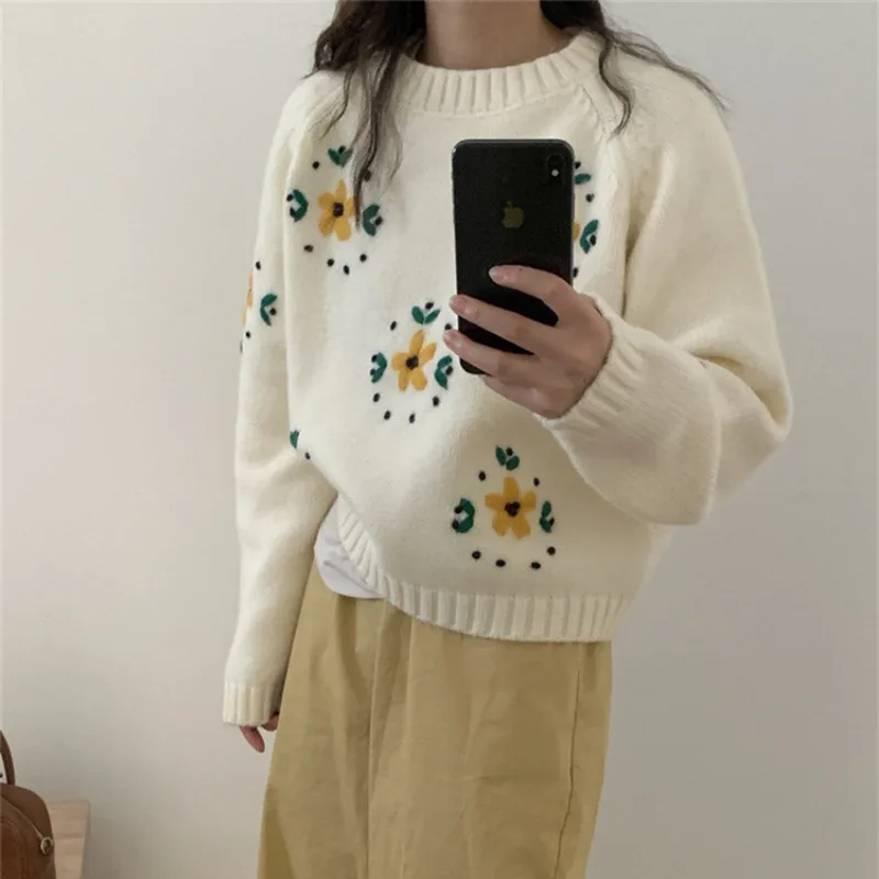 Yellow Floral Knitted Y2K Sweaters Pullovers Women Spring New Aesthetic Long Sleeve Cardigans Streetwear O Neck Sweater Autumn
