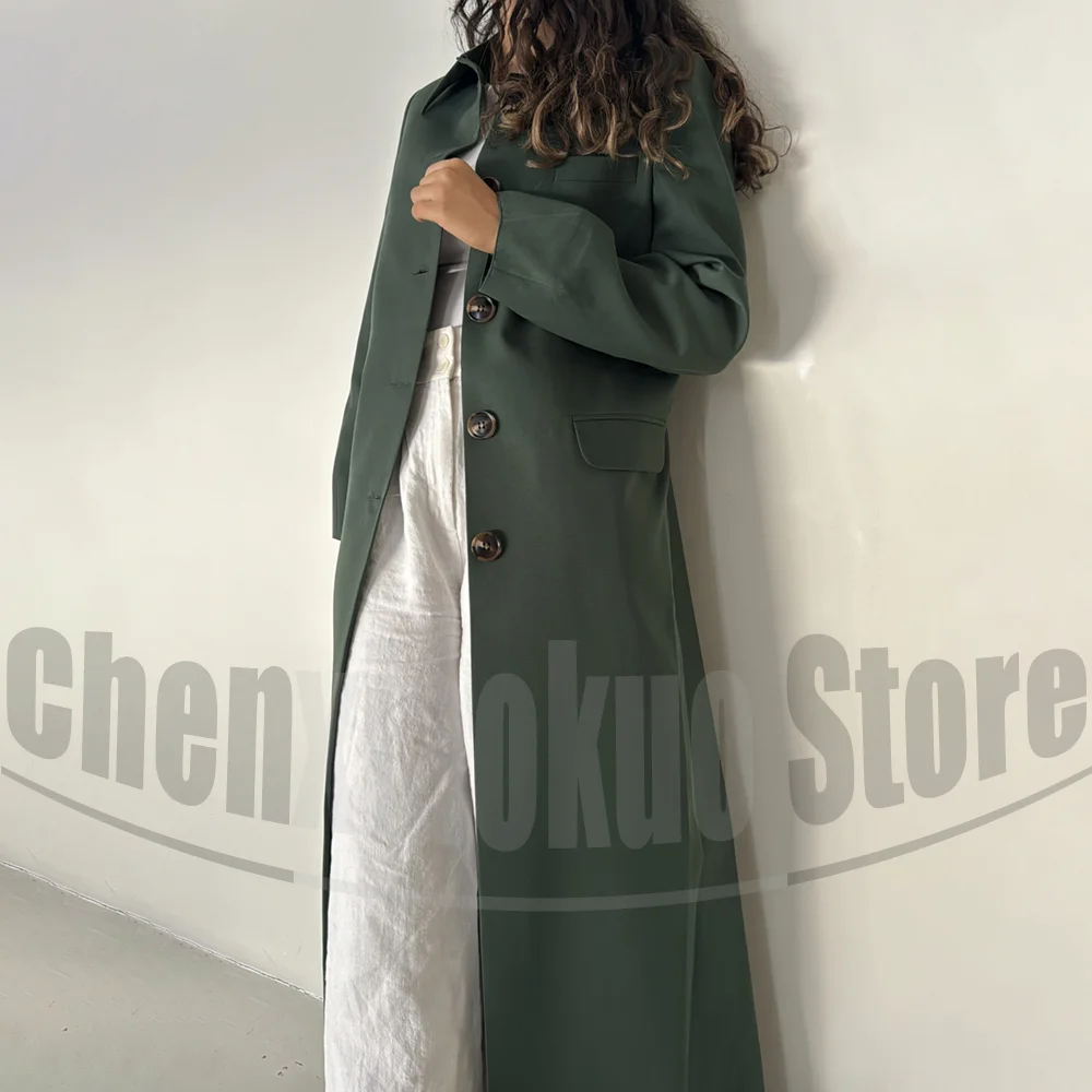 Women's Green Single Breasted Long Coat Fashion Stand Collar Blazer Office Work Casual Jacket Elegant Vintage Style Outerwear