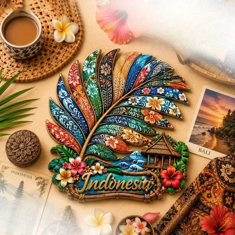 Indonesia Palm Art Fridge Magnet - Artistic 3D Tropical Souvenir Unique Southeast Asian Gift for Travel & Boho Decor
