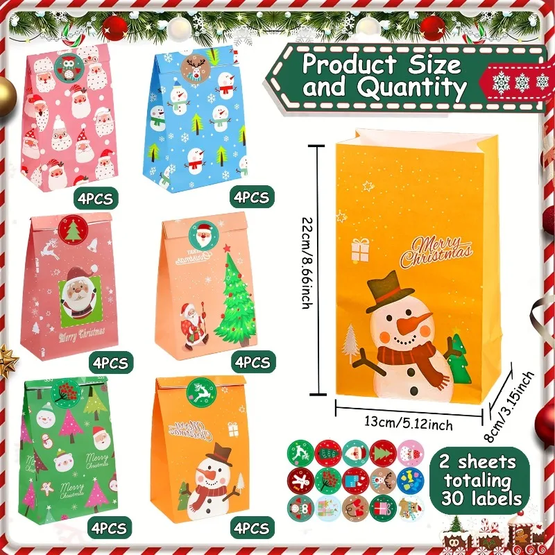 24 Sets Christmas Gift Bags Cute Colorful Kraft Paper Christmas Paper Bags with 30 Stickers for Gift Wrapping Christmas Parties